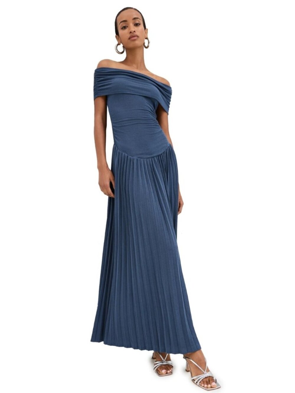 Lioness Navy Blue Off-Shoulder Pleated Maxi Dress - Picture 5 of 15